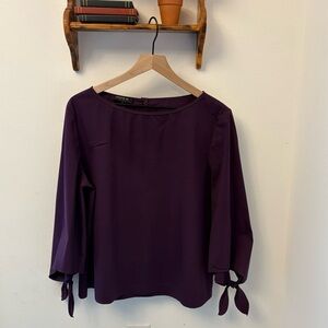 Lafayette 148 New York Elaina Tie Sleeve Blouse Purple Cotton Stretch XL